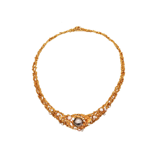 -Gilbert Albert 1970 Organic Necklace In 18Kt Yellow Gold With Diamonds And Pearls