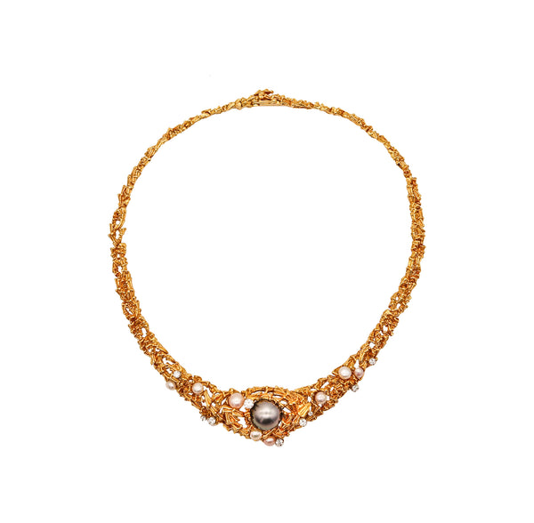 -Gilbert Albert 1970 Organic Necklace In 18Kt Yellow Gold With Diamonds And Pearls
