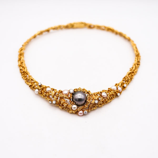 -Gilbert Albert 1970 Organic Necklace In 18Kt Yellow Gold With Diamonds And Pearls