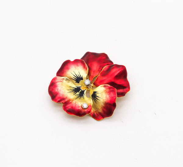 -Art Nouveau 1910 Red Enamel Orchid Brooch In 18Kt Yellow Gold With Diamonds