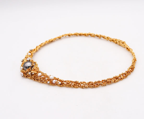 -Gilbert Albert 1970 Organic Necklace In 18Kt Yellow Gold With Diamonds And Pearls