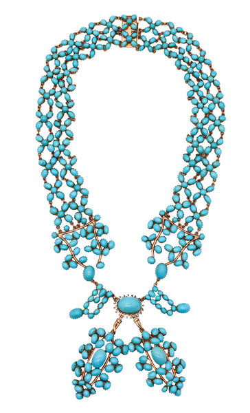 -Victorian 1880 Drop Necklace In 14Kt Yellow Gold With 187.50 Cts In Turquoises & Sapphires