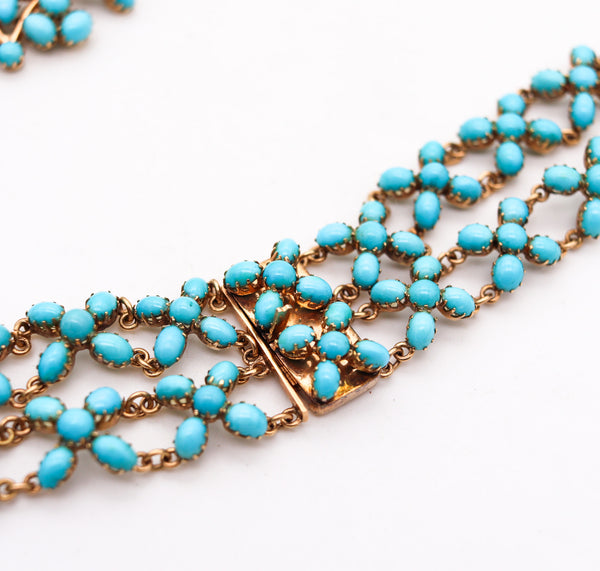 -Victorian 1880 Drop Necklace In 14Kt Yellow Gold With 187.50 Cts In Turquoises & Sapphires