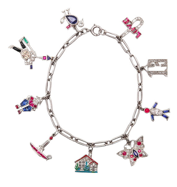 CARTIER 1930 Art Deco Charms Bracelet In Platinum With 6.04 Ctw In Diamonds & Gems