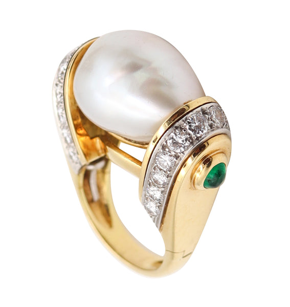 DAVID WEBB South-Seas Pearl Cocktail Ring In 18Kt Gold With Diamonds & Emerald