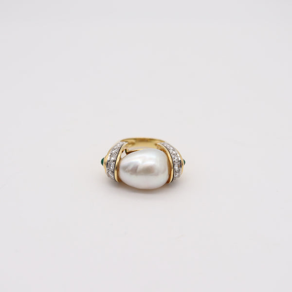 DAVID WEBB South-Seas Pearl Cocktail Ring In 18Kt Gold With Diamonds & Emerald