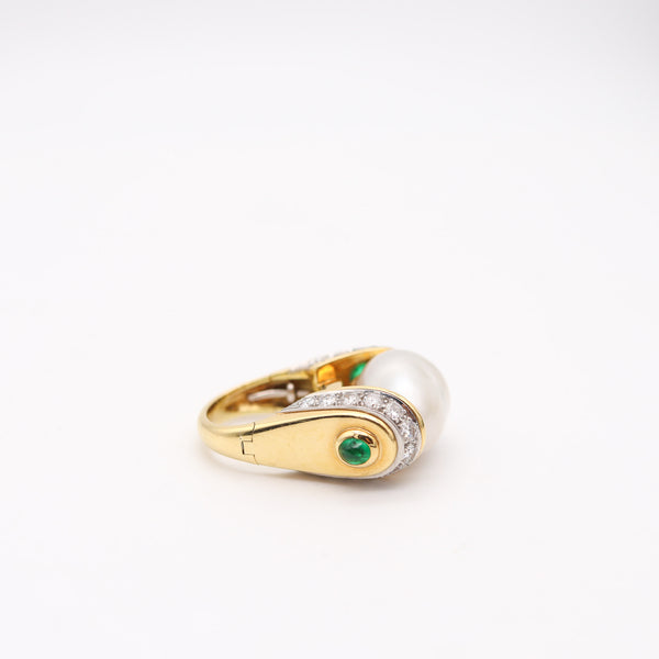 DAVID WEBB South-Seas Pearl Cocktail Ring In 18Kt Gold With Diamonds & Emerald