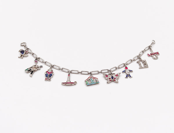 CARTIER 1930 Art Deco Charms Bracelet In Platinum With 6.04 Ctw In Diamonds & Gems