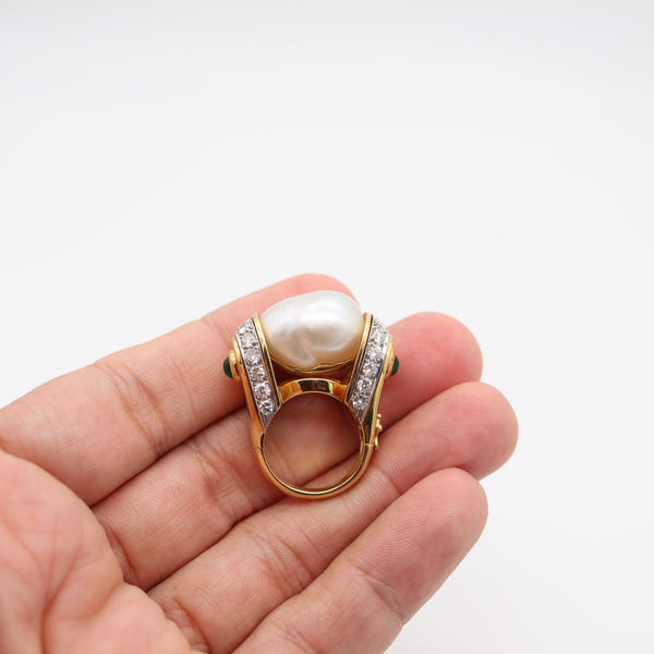 DAVID WEBB South-Seas Pearl Cocktail Ring In 18Kt Gold With Diamonds & Emerald