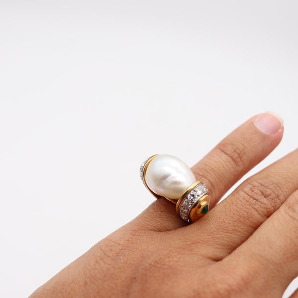 DAVID WEBB South-Seas Pearl Cocktail Ring In 18Kt Gold With Diamonds & Emerald