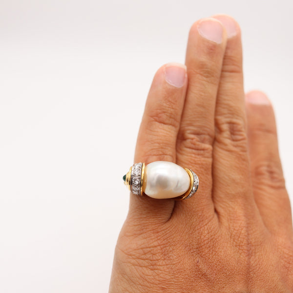 DAVID WEBB South-Seas Pearl Cocktail Ring In 18Kt Gold With Diamonds & Emerald