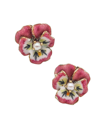 -Hedges & Co. 1905 Art Nouveau Pansy Flowers Stud Earrings In 14Kt Gold With Pearls