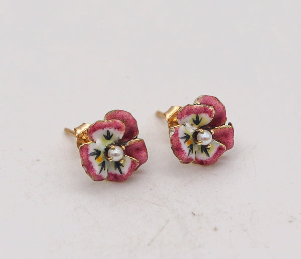 -Hedges & Co. 1905 Art Nouveau Pansy Flowers Stud Earrings In 14Kt Gold With Pearls