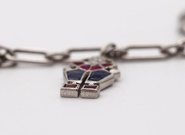 CARTIER 1930 Art Deco Charms Bracelet In Platinum With 6.04 Ctw In Diamonds & Gems