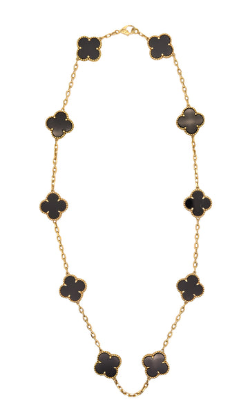 VAN CLEEF & ARPELS Vintage Ten-Motifs Alhambra Necklace In 18Kt Yellow Gold & Onyx