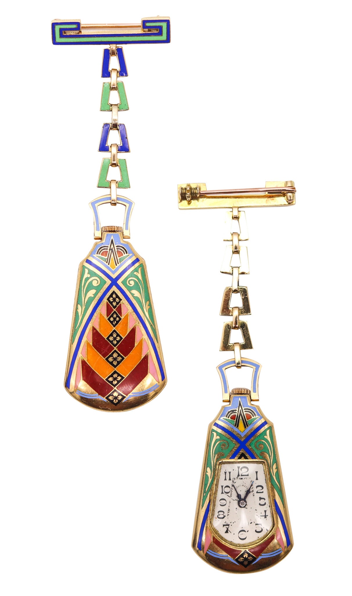 LEICHT MAYER 1925 Enameled Lapel Pendant-Brooch Watch In 18Kt Yellow Gold