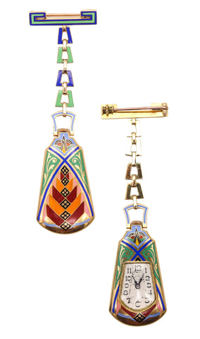 LEICHT MAYER 1925 Enameled Lapel Pendant-Brooch Watch In 18Kt Yellow Gold
