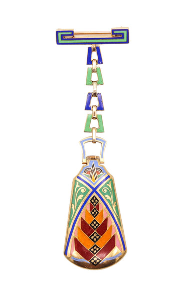 LEICHT MAYER 1925 Enameled Lapel Pendant-Brooch Watch In 18Kt Yellow Gold