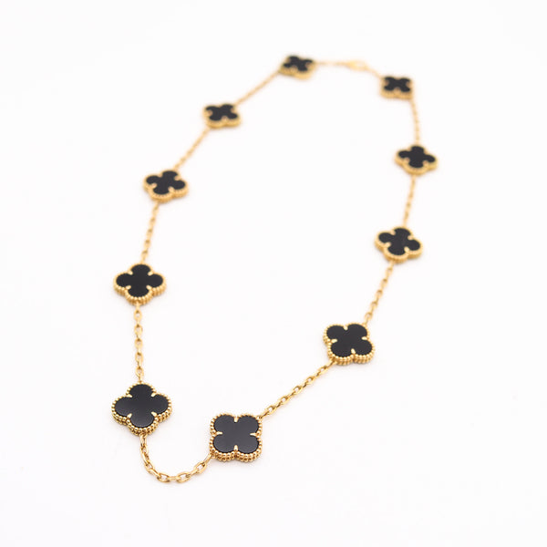 VAN CLEEF & ARPELS Vintage Ten-Motifs Alhambra Necklace In 18Kt Yellow Gold & Onyx