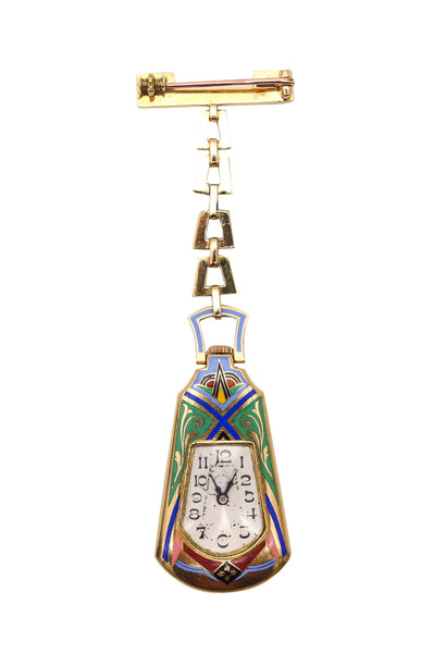 LEICHT MAYER 1925 Enameled Lapel Pendant-Brooch Watch In 18Kt Yellow Gold