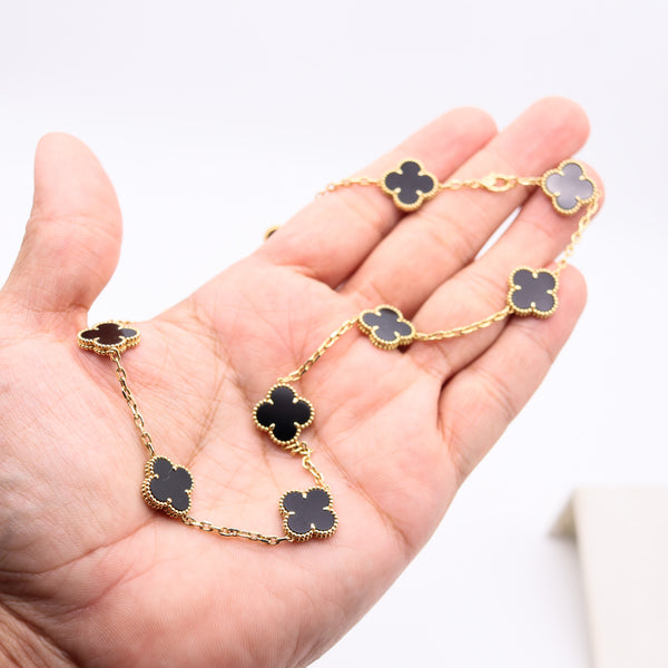 VAN CLEEF & ARPELS Vintage Ten-Motifs Alhambra Necklace In 18Kt Yellow Gold & Onyx