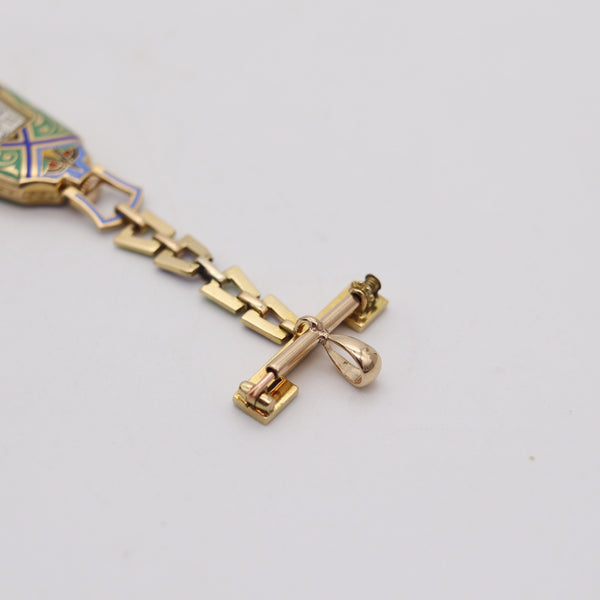 LEICHT MAYER 1925 Enameled Lapel Pendant-Brooch Watch In 18Kt Yellow Gold