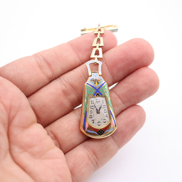 LEICHT MAYER 1925 Enameled Lapel Pendant-Brooch Watch In 18Kt Yellow Gold