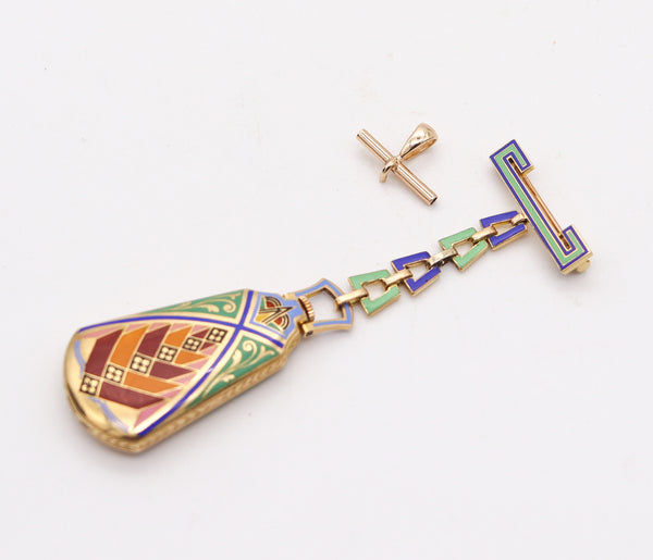 LEICHT MAYER 1925 Enameled Lapel Pendant-Brooch Watch In 18Kt Yellow Gold