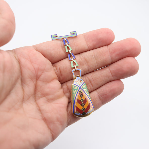 LEICHT MAYER 1925 Enameled Lapel Pendant-Brooch Watch In 18Kt Yellow Gold