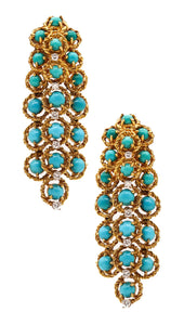 -Modernist 1970 Dangle Drops Earrings 18Kt Gold 13.78 Cts In Turquoises & Diamonds