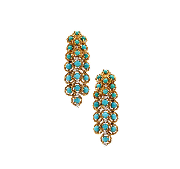 -Modernist 1970 Dangle Drops Earrings 18Kt Gold 13.78 Cts In Turquoises & Diamonds