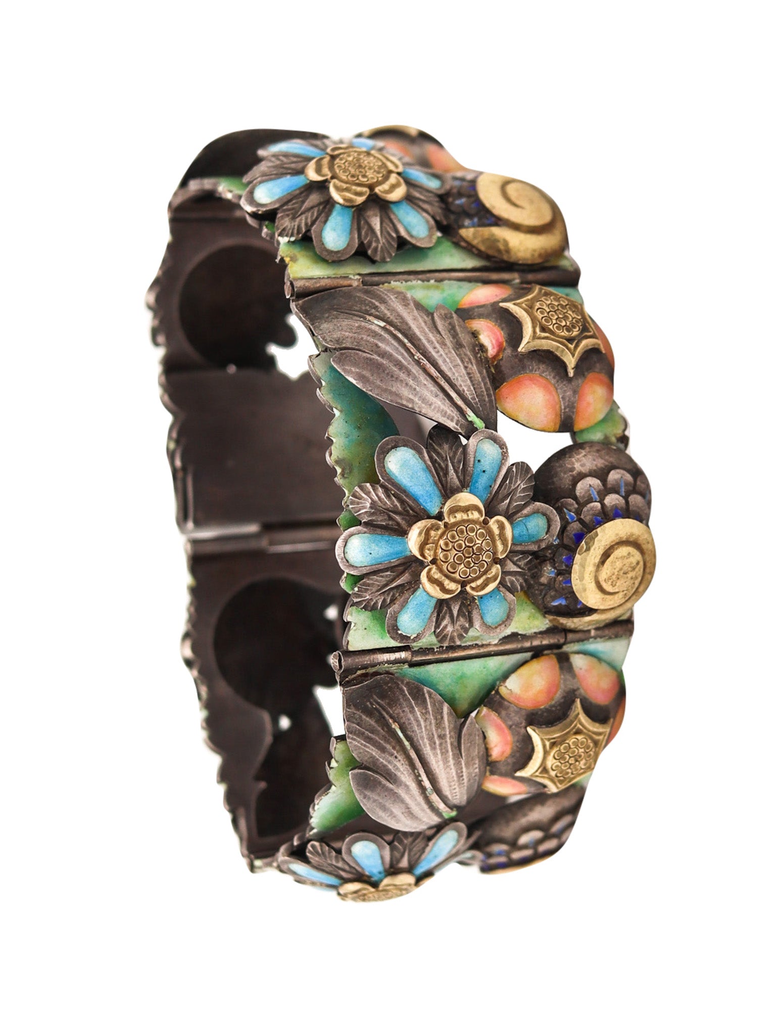 SPANISH 1900 Barcelona Art Nouveau Enameled Bracelet In Sterling & 18Kt Gold