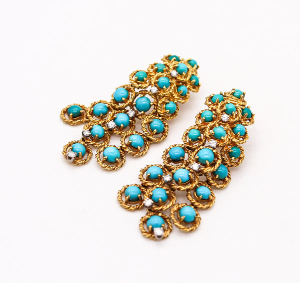 -Modernist 1970 Dangle Drops Earrings 18Kt Gold 13.78 Cts In Turquoises & Diamonds