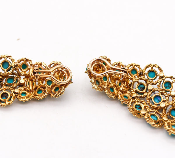 -Modernist 1970 Dangle Drops Earrings 18Kt Gold 13.78 Cts In Turquoises & Diamonds