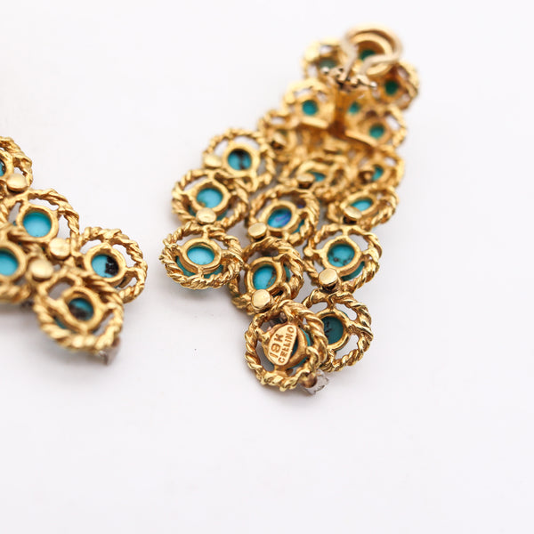 -Modernist 1970 Dangle Drops Earrings 18Kt Gold 13.78 Cts In Turquoises & Diamonds