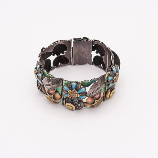 SPANISH 1900 Barcelona Art Nouveau Enameled Bracelet In Sterling & 18Kt Gold