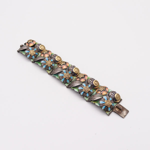 SPANISH 1900 Barcelona Art Nouveau Enameled Bracelet In Sterling & 18Kt Gold