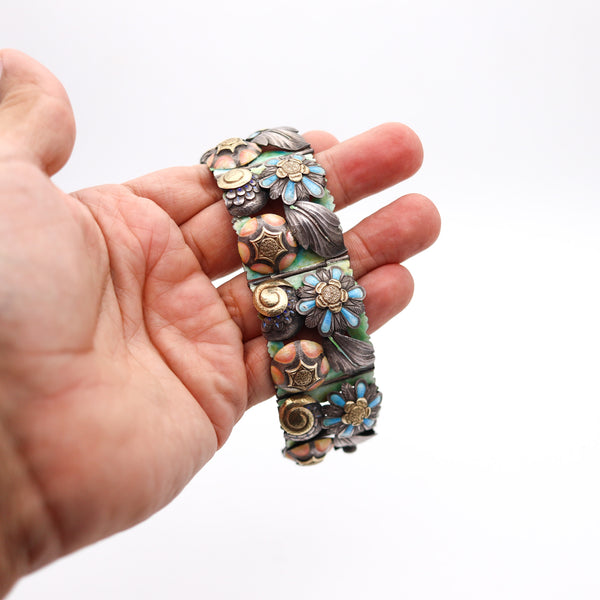 SPANISH 1900 Barcelona Art Nouveau Enameled Bracelet In Sterling & 18Kt Gold