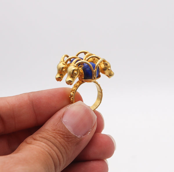 -Zolotas Greek Four Rams Cocktail Ring In 21Kt Yellow Gold With Blue Lapis Lazuli