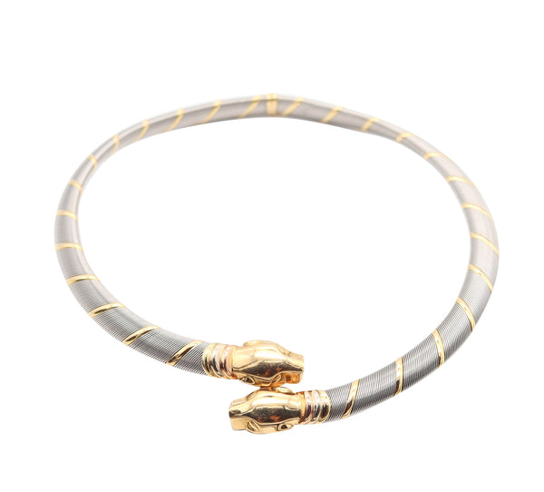 CARTIER 1970 Modernist Double Panthère Necklace In 18Kt Yellow Gold And Steel