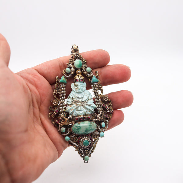 -Austrian Hungarian 1910 Buddha Pendant Sautoir In Gilded Sterling With Turquoises