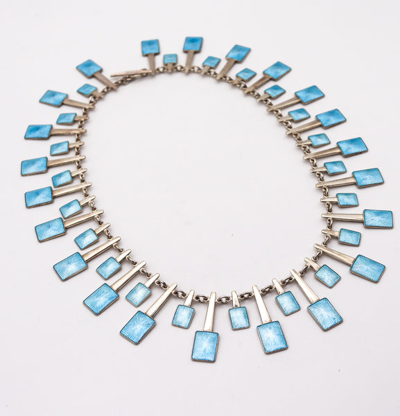 VOLMER BAHNER 1970 Denmark Blue Enameled Modernist Necklace In .925 Sterling