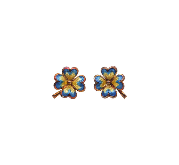 -Edwardian 1905 Enameled Flowers Set Pendant And Stud Earrings In 14Kt Gold
