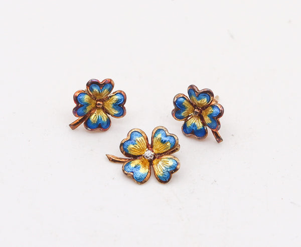 -Edwardian 1905 Enameled Flowers Set Pendant And Stud Earrings In 14Kt Gold
