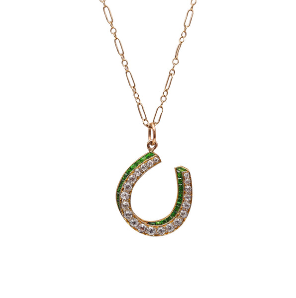 -Edwardian 1900 Horseshoe Lucky Pendant 18Kt Gold 1.95 Ctw In Demantoids & Diamonds