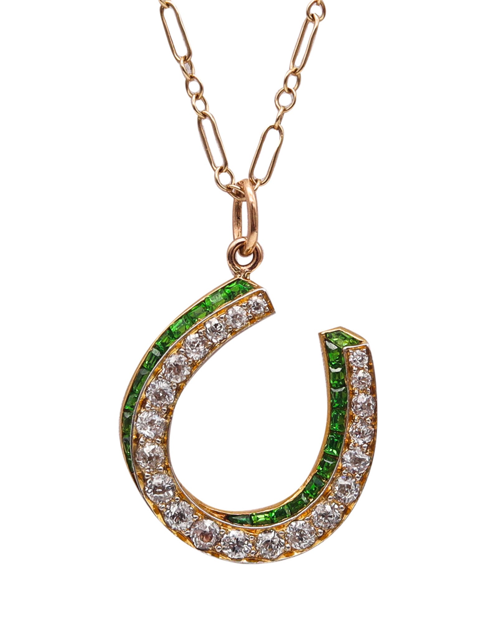 -Edwardian 1900 Horseshoe Lucky Pendant 18Kt Gold 1.95 Ctw In Demantoids & Diamonds