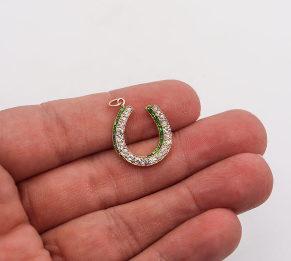 -Edwardian 1900 Horseshoe Lucky Pendant 18Kt Gold 1.95 Ctw In Demantoids & Diamonds