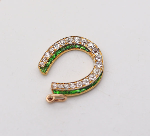 -Edwardian 1900 Horseshoe Lucky Pendant 18Kt Gold 1.95 Ctw In Demantoids & Diamonds