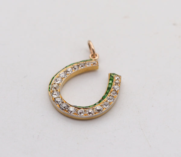-Edwardian 1900 Horseshoe Lucky Pendant 18Kt Gold 1.95 Ctw In Demantoids & Diamonds