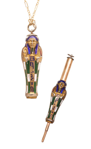 -Art Deco 1913 Egyptian Revival Pharaoh Retractable Pencil In .800 Silver And Enamel